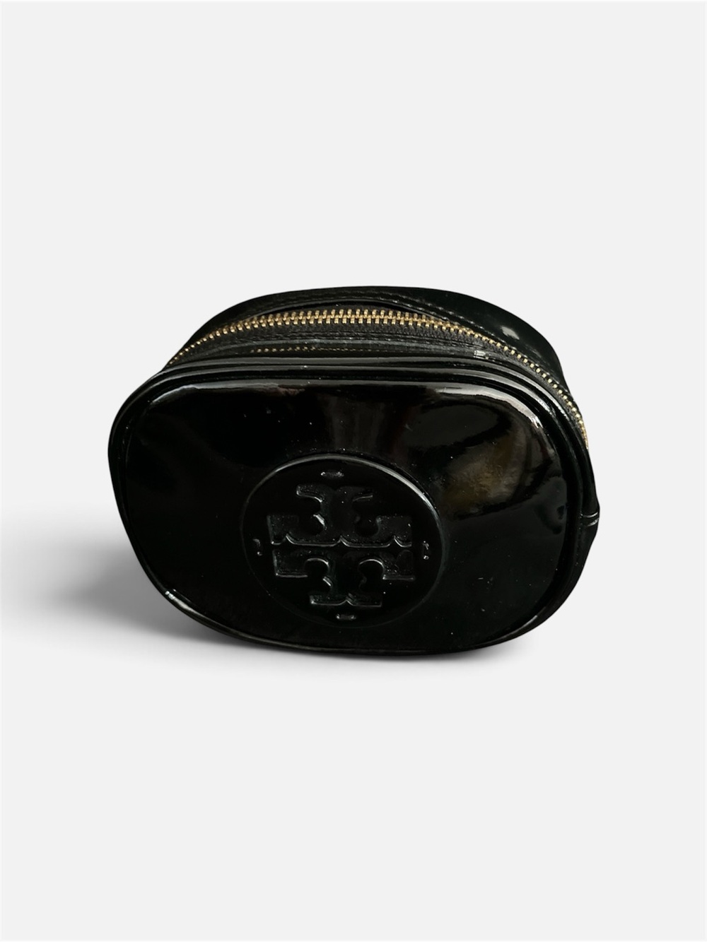 Tory Burch Black Patent Leather Logo Pouch with Gold Zipper